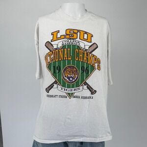 Vintage 1996 LSU Tigers Baseball National Champs T-Shirt Hanes Beefy-T White XL